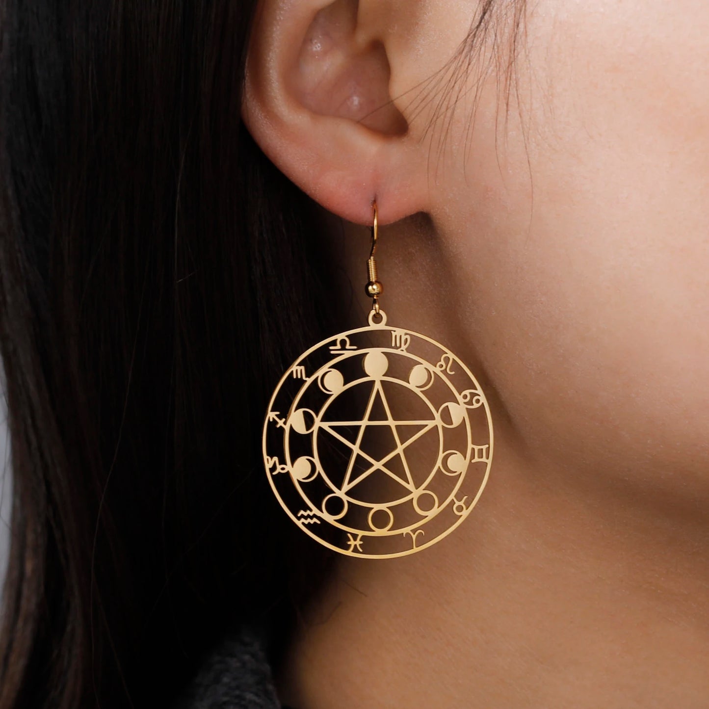 Moon Phase Pentacle Zodiac round Dangle Earrings Stainless Steel Pentagram Jewelry