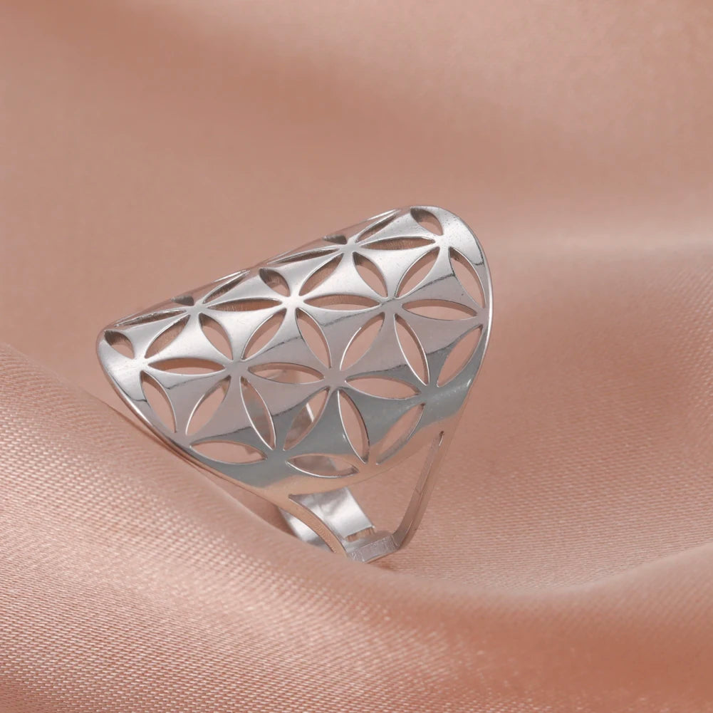 Flower of Life Rings Gold Color Stainless Steel Sacred Geometry Resizable Ring Jewelry 