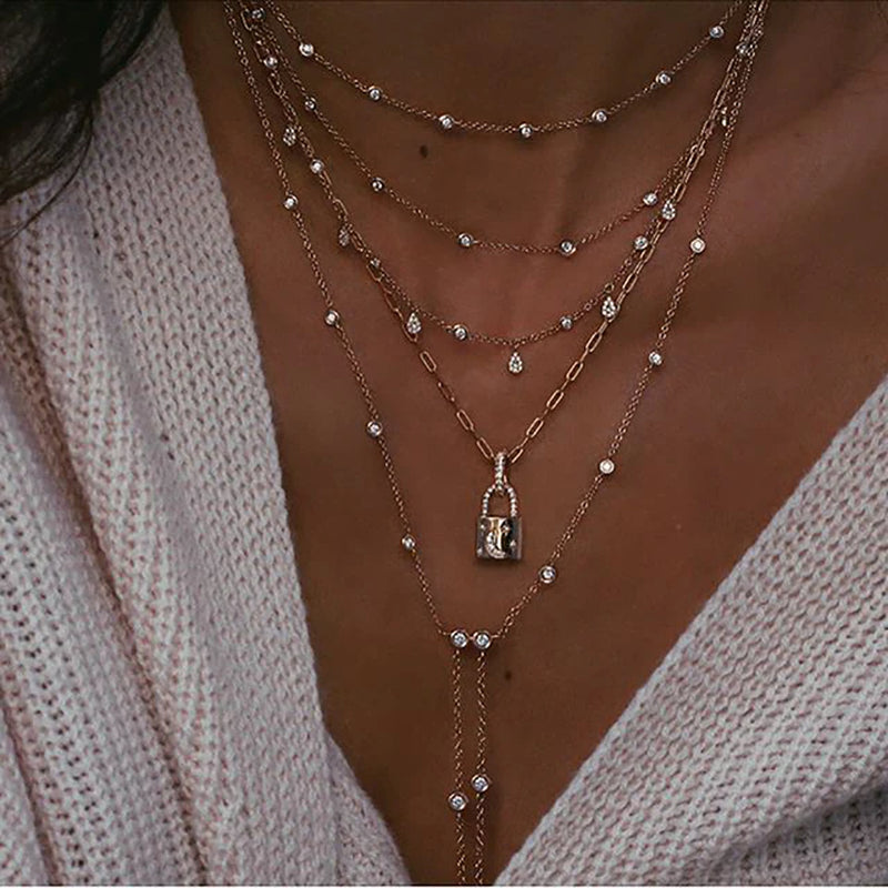 New Vintage Crystal Geometry Star Moon Lock Necklace for Women 2024 Boho Multi-Level Pendants Necklaces Chokers Jewelry 