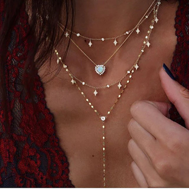 New Vintage Crystal Geometry Star Moon Lock Necklace for Women 2024 Boho Multi-Level Pendants Necklaces Chokers Jewelry 