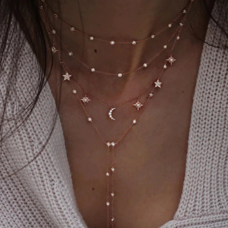 New Vintage Crystal Geometry Star Moon Lock Necklace for Women 2024 Boho Multi-Level Pendants Necklaces Chokers Jewelry 