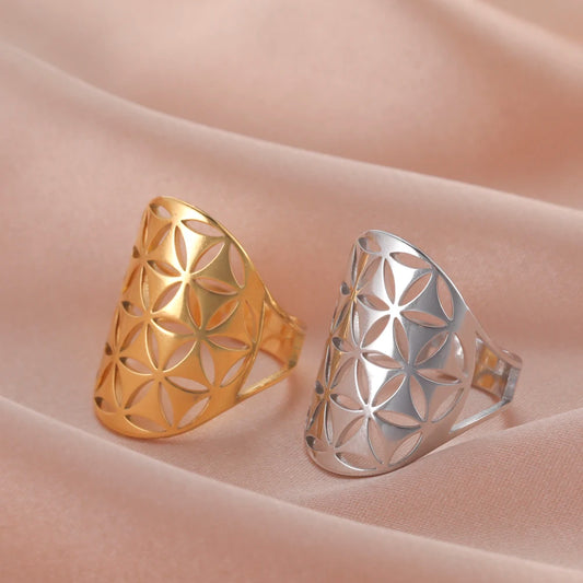 Flower of Life Rings Gold Color Stainless Steel Sacred Geometry Resizable Ring Jewelry 