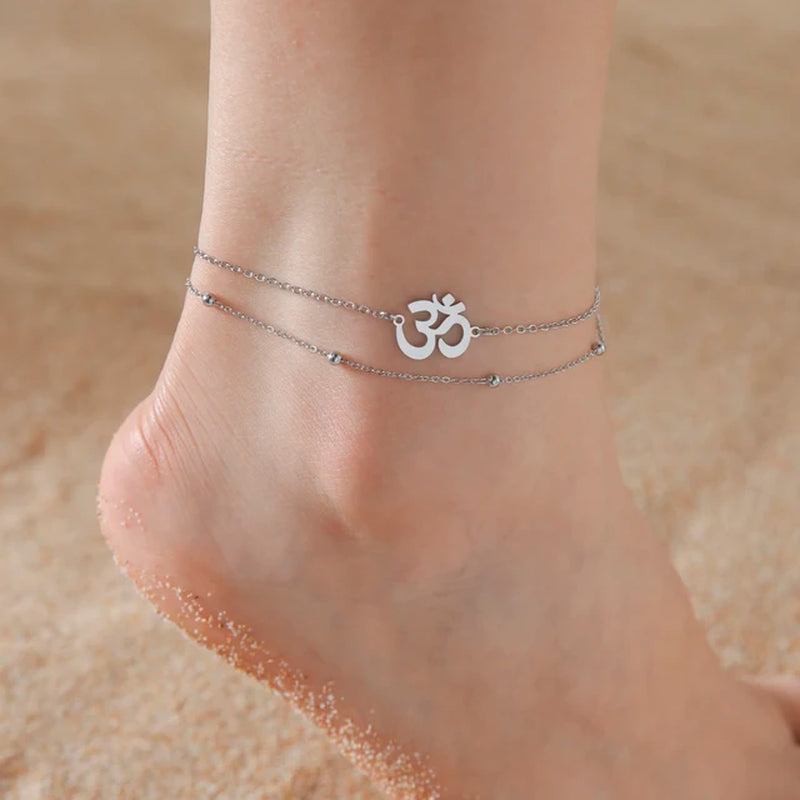 OM Anklet Women Stainless Steel  Jewelry Double Layer Chain Ankle Bracelet Summer Accessories