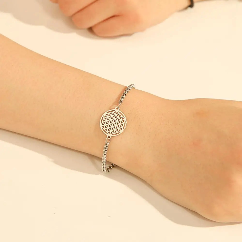 Flower of Life Bracelet Stainless Steel Sacred Geometry Mandala Box Chain Bracelets Bangle Pulseira Jewelry Gifts for Women Men