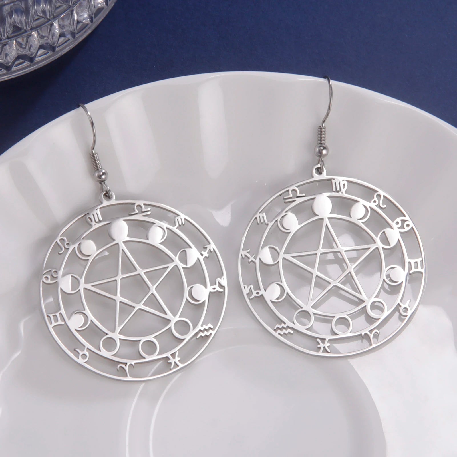 Moon Phase Pentacle Zodiac round Dangle Earrings Stainless Steel Pentagram Jewelry