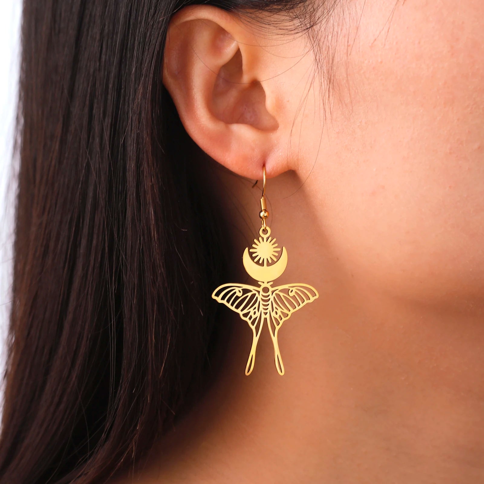 Elegant Esoteric Sun Moon Luna Moth Drop Earrings 