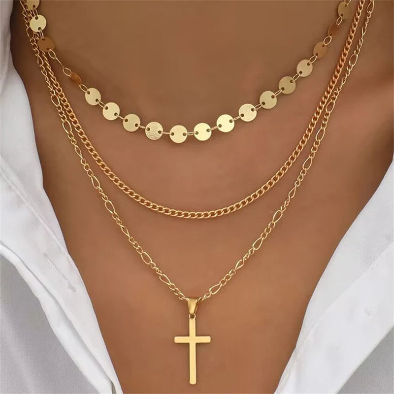 New Vintage Crystal Geometry Star Moon Lock Necklace for Women 2024 Boho Multi-Level Pendants Necklaces Chokers Jewelry 