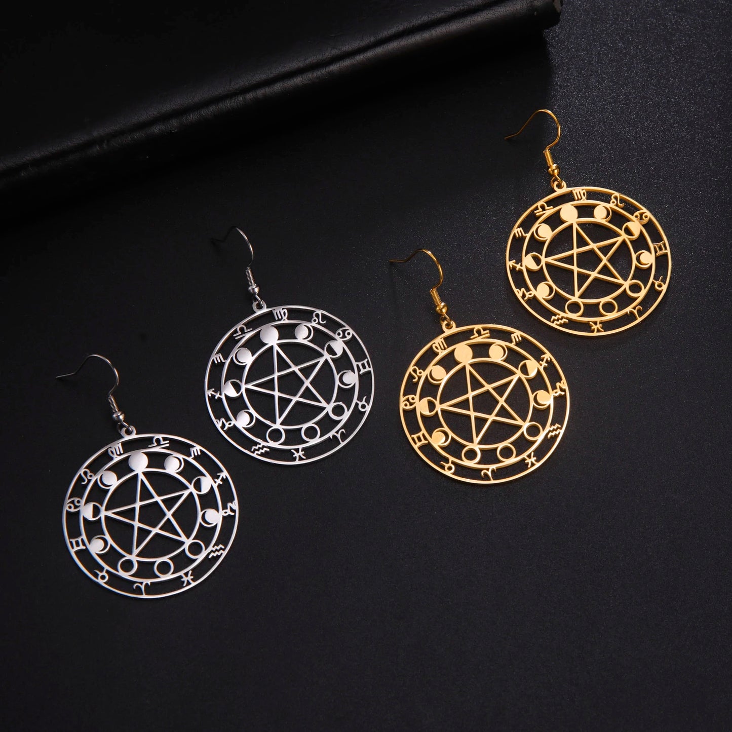 Moon Phase Pentacle Zodiac round Dangle Earrings Stainless Steel Pentagram Jewelry