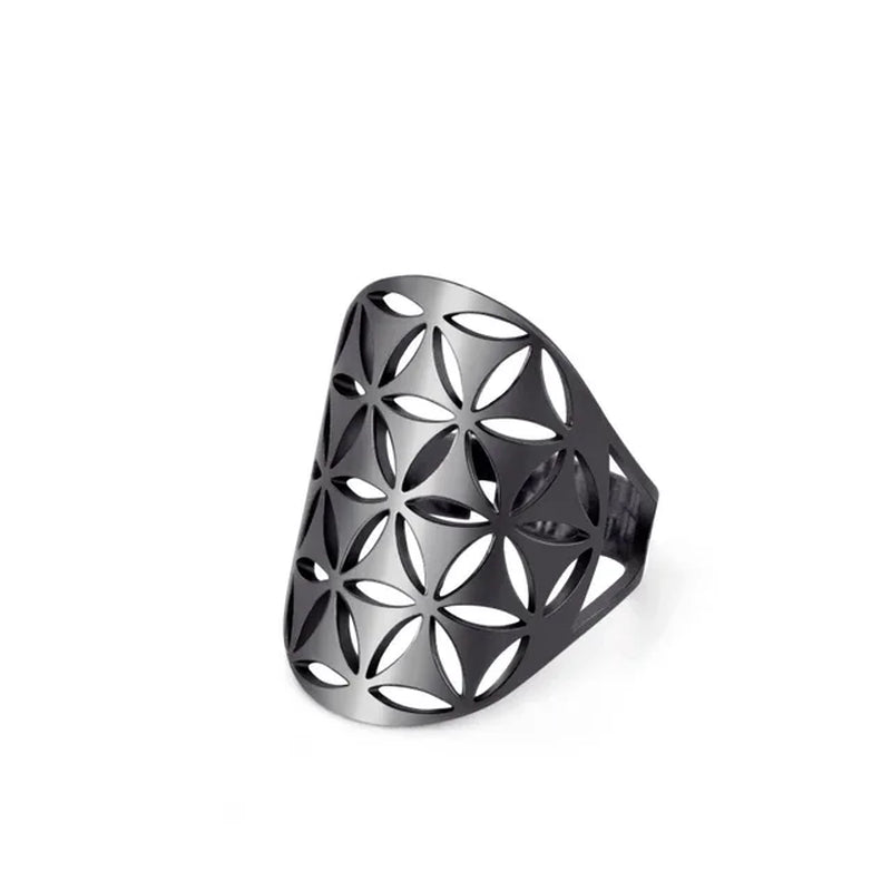 Flower of Life Rings Gold Color Stainless Steel Sacred Geometry Resizable Ring Jewelry 