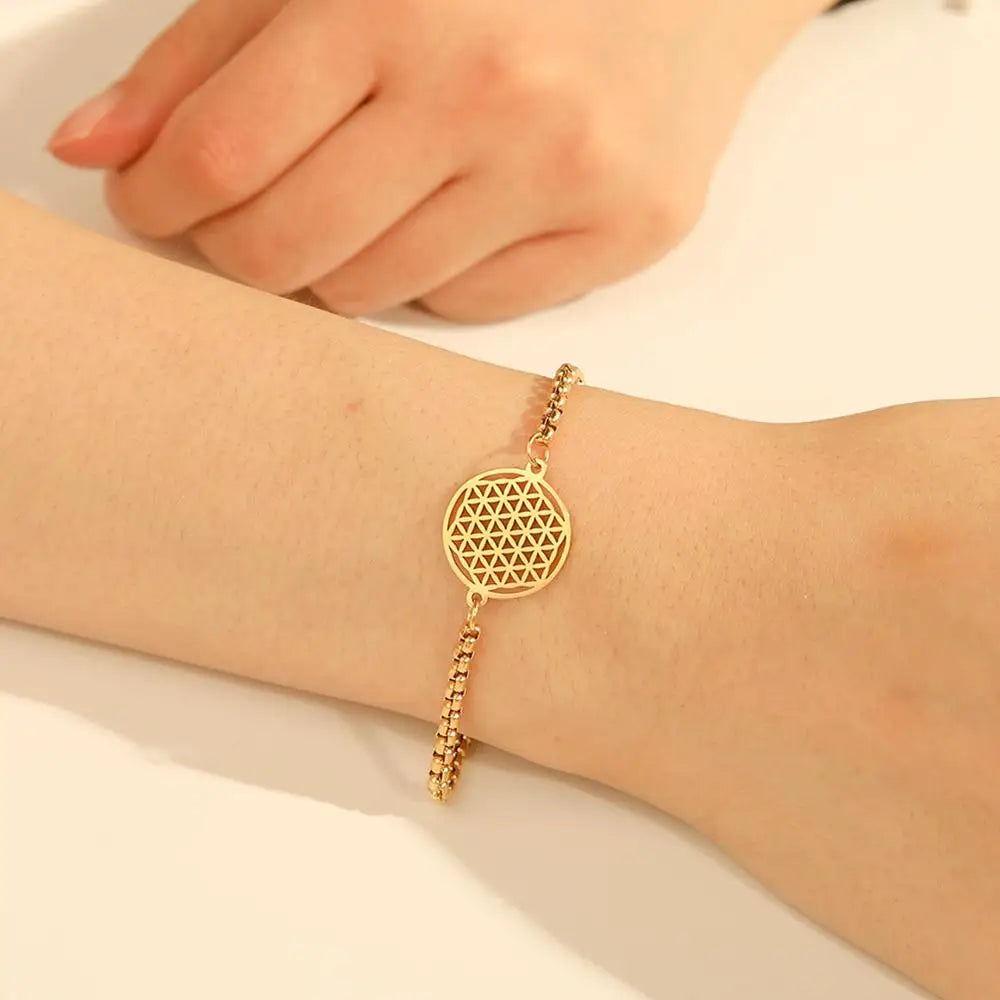 Flower of Life Bracelet Stainless Steel Sacred Geometry Mandala Box Chain Bracelets Bangle Pulseira Jewelry Gifts for Women Men