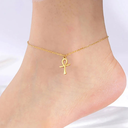 New Egypt Ankh Cross Anklet Stainless Steel Egyptian Pendant Leg Foot Ankle Bracelet Beach Jewelry Gift for Women