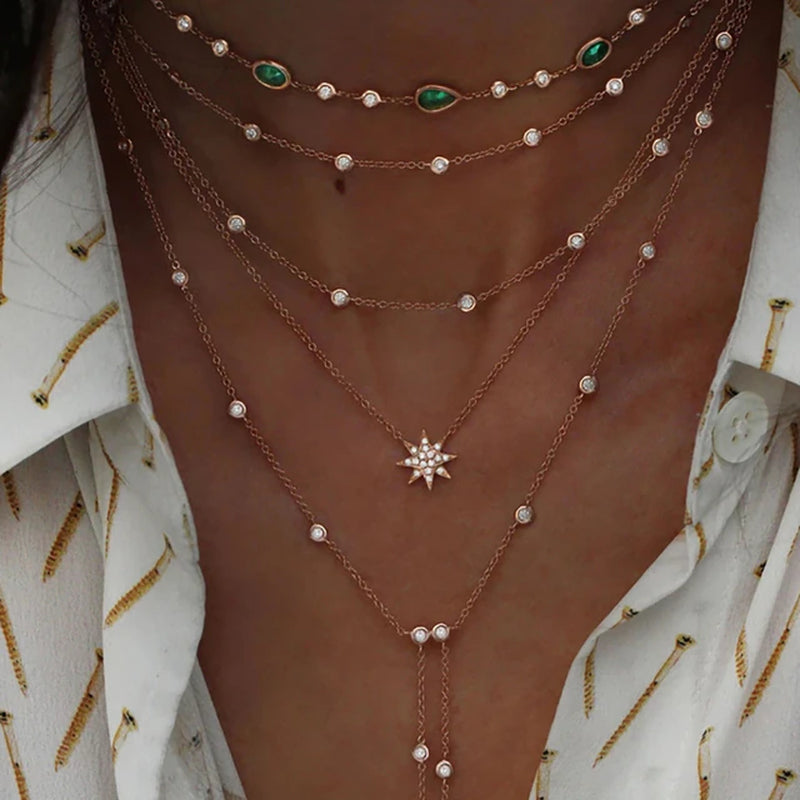 New Vintage Crystal Geometry Star Moon Lock Necklace for Women 2024 Boho Multi-Level Pendants Necklaces Chokers Jewelry 