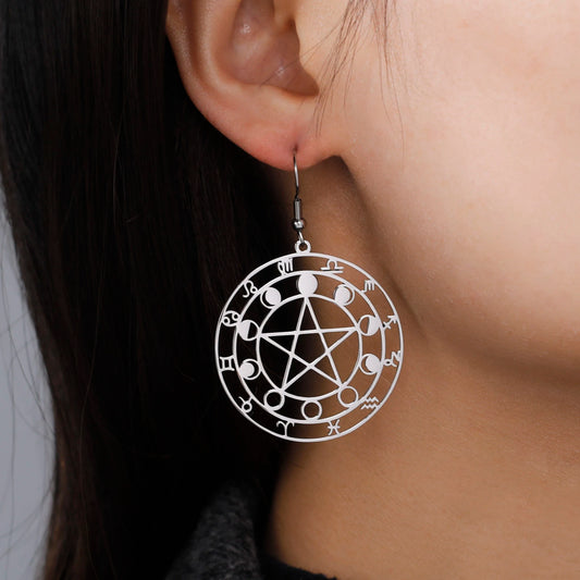 Moon Phase Pentacle Zodiac round Dangle Earrings Stainless Steel Pentagram Jewelry