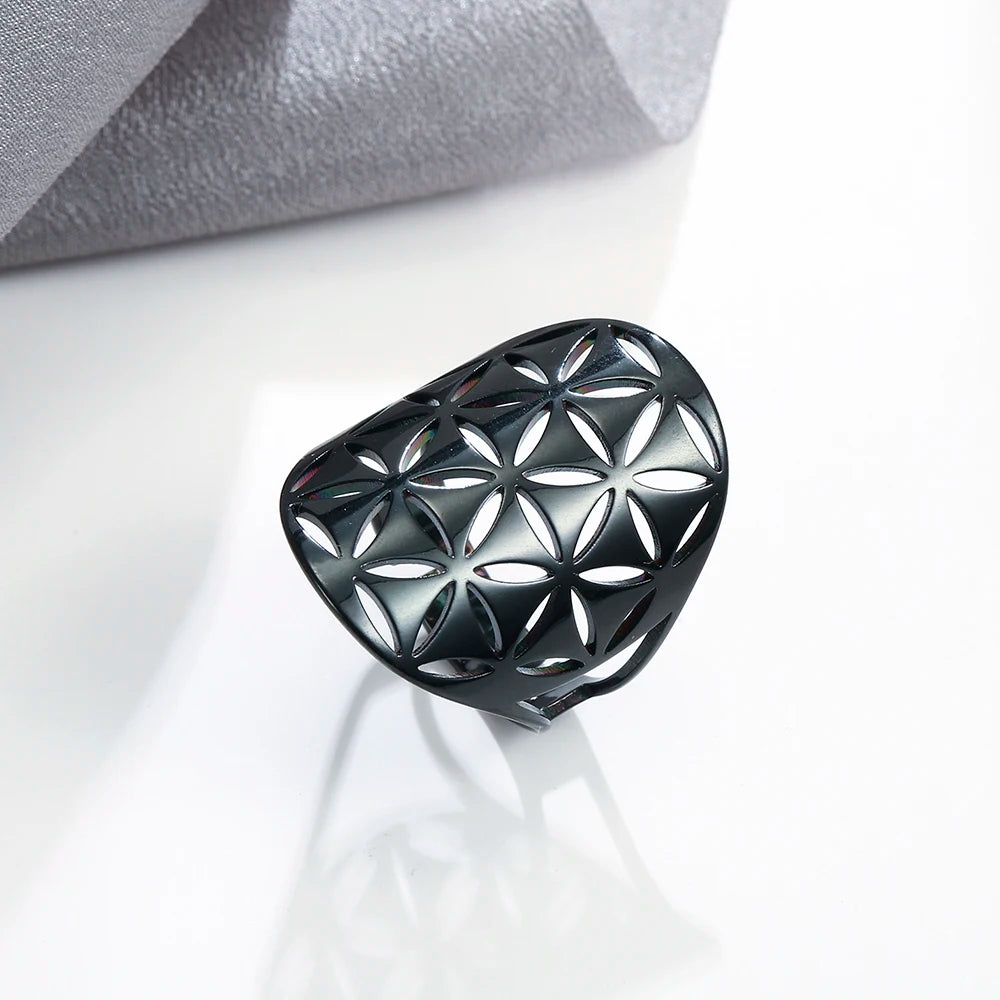 Flower of Life Rings Gold Color Stainless Steel Sacred Geometry Resizable Ring Jewelry 