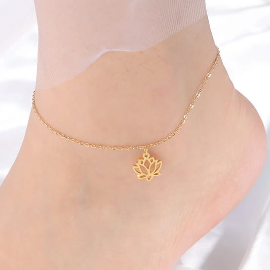  Lotus Flower Anklet Stainless Steel Bohemian Ankle Bracelet Jewelry