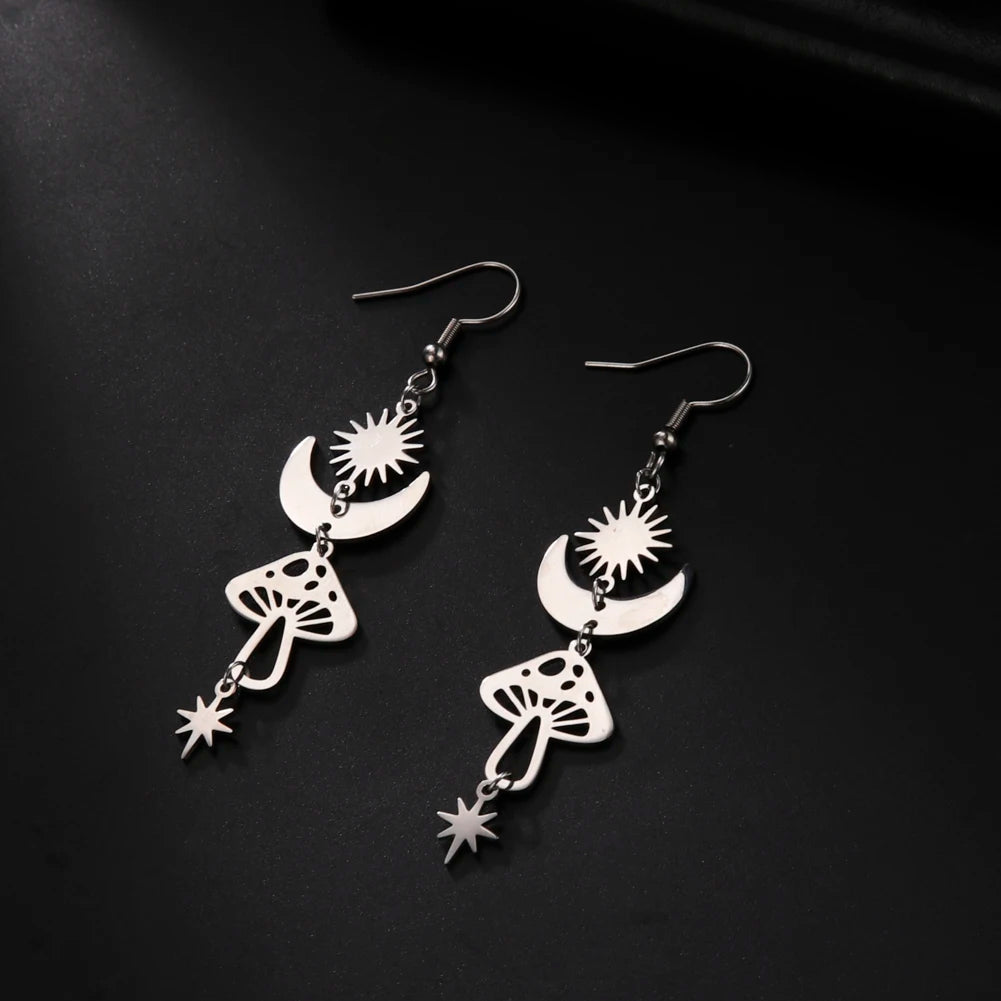 Star Sun Crescent Moon Mushroom Staineless Steel Dangle Earrings 