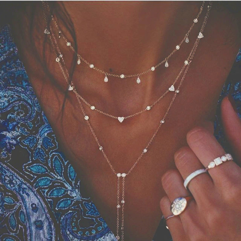 New Vintage Crystal Geometry Star Moon Lock Necklace for Women 2024 Boho Multi-Level Pendants Necklaces Chokers Jewelry 