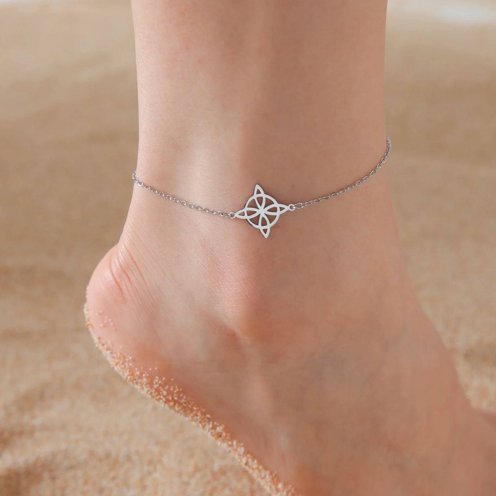 Witch Knot Anklet Women Stainless Steel Double Layer Chain Ankle Bracelet Jewelry