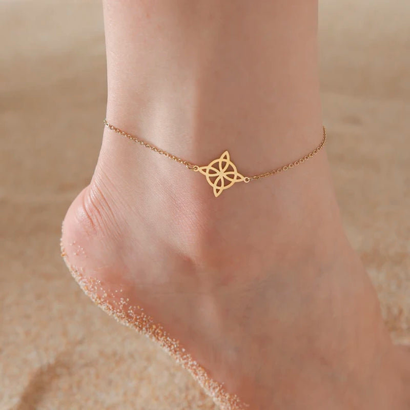 Witch Knot Anklet Women Stainless Steel Double Layer Chain Ankle Bracelet Jewelry