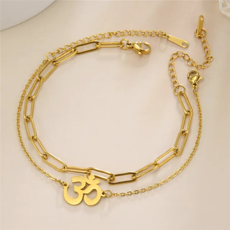 OM Anklet Women Stainless Steel  Jewelry Double Layer Chain Ankle Bracelet Summer Accessories