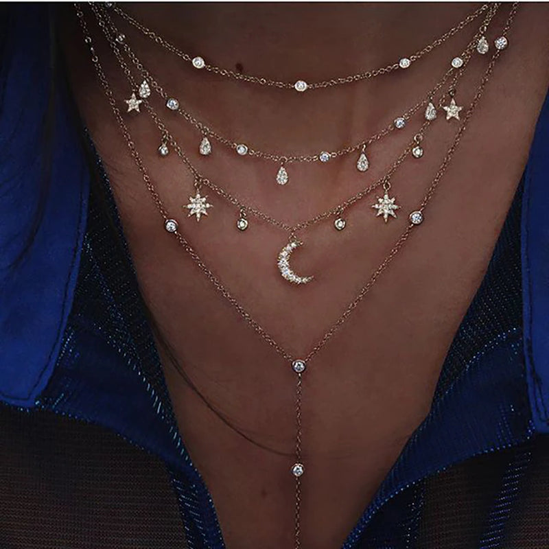 New Vintage Crystal Geometry Star Moon Lock Necklace for Women 2024 Boho Multi-Level Pendants Necklaces Chokers Jewelry 